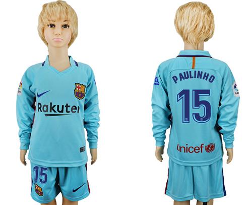 Barcelona #15 Paulinho Away Long Sleeves Kid Soccer Club Jersey